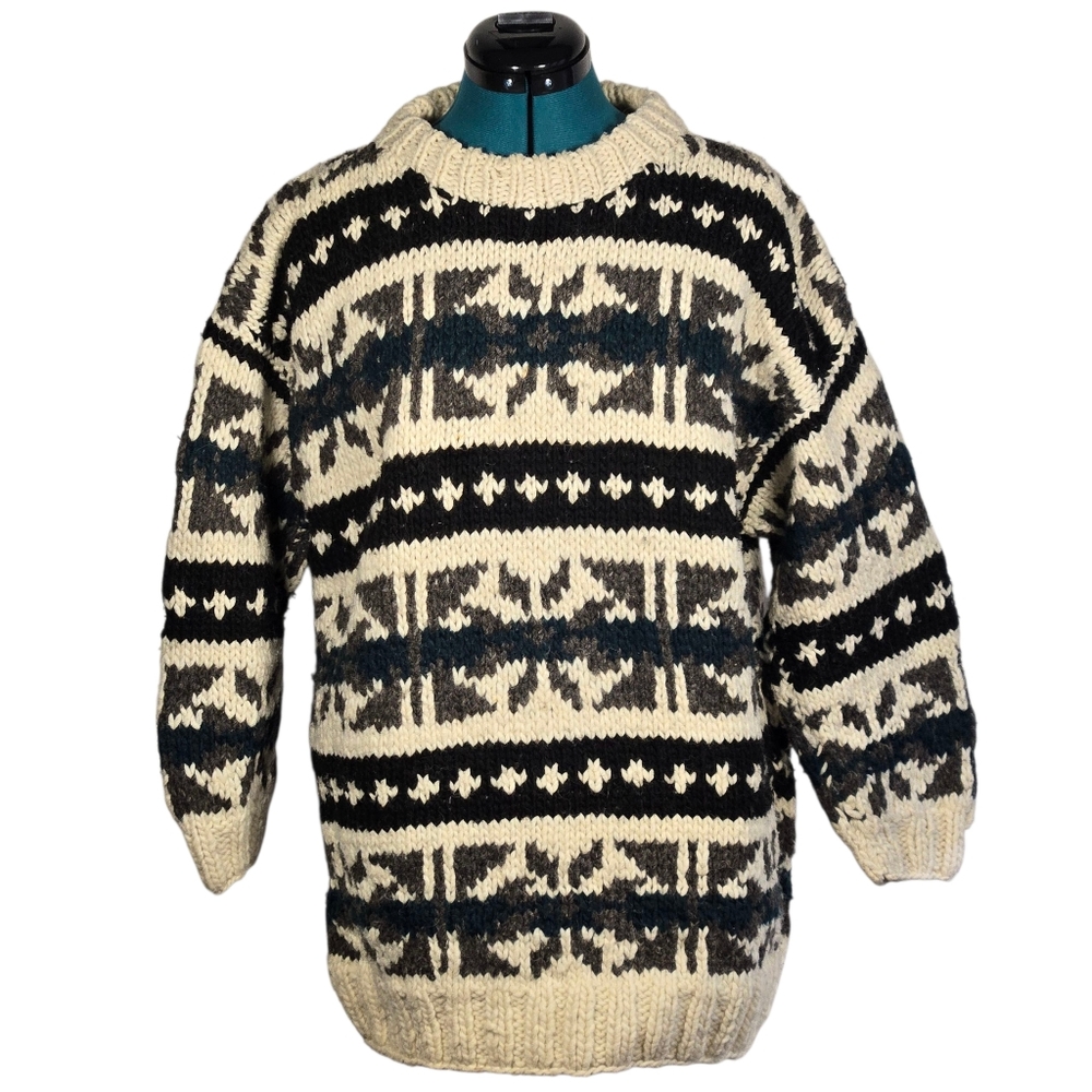 Hand Knit Wool Fair Isle Nordic Sweater Black Cream Gray Crewneck Heavyweight Co